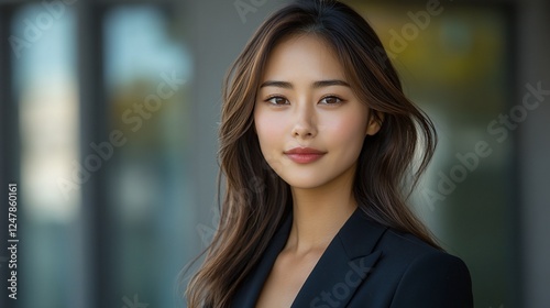 a beautiful Asian woman in a black suit, a professional business photo for corporate work