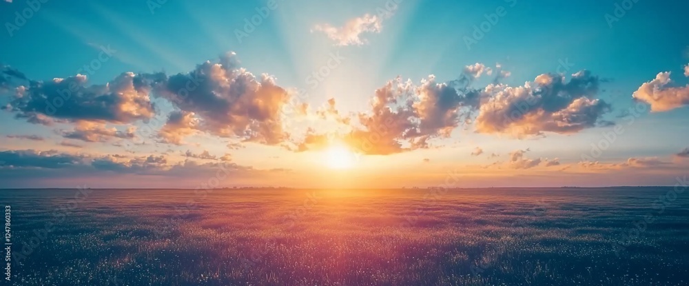 Fototapeta premium Sunset over a vast, golden field with fluffy clouds.