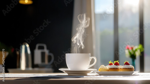 Wallpaper Mural steaming cup of tea sits on table beside delicious pastries, creating cozy atmosphere Torontodigital.ca