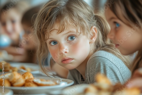 Child Feeling Excluded at a Bustling School Lunch Table Surrounded by Laughing Peers Showcasing the Challenges of Social Interaction and Inclusion