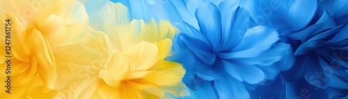 Vibrant blue and yellow flowers create a cheerful and lively composition.