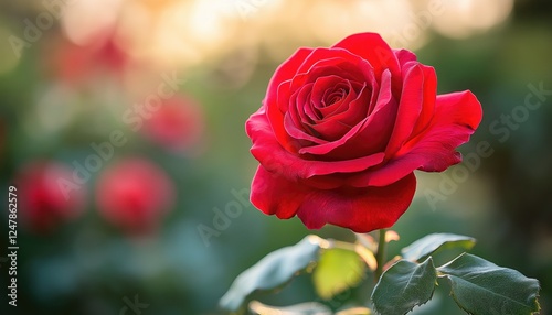 Valentine Red Rose Blossom Close-up in Garden Sunlight