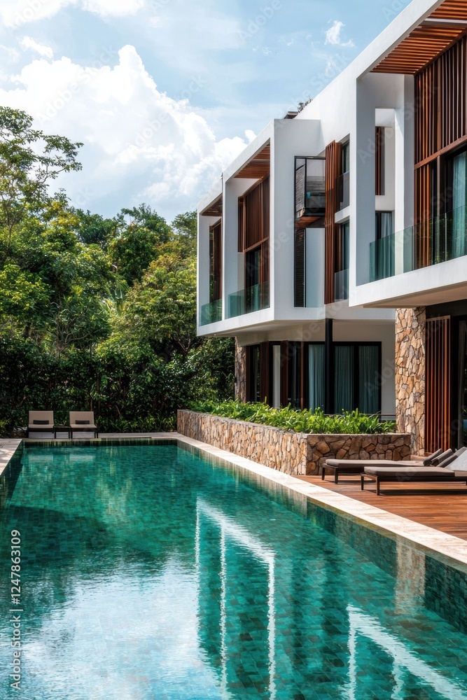 Fototapeta premium Modern villa with landscaped pool and lush greenery in daylight