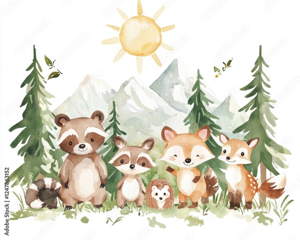 Fototapeta premium Cute Woodland Animal Friends in a Sunny Forest Setting