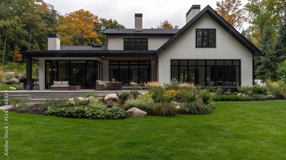 Fototapeta premium Modern House Surrounded by Lush Greenery and Colorful Landscaping