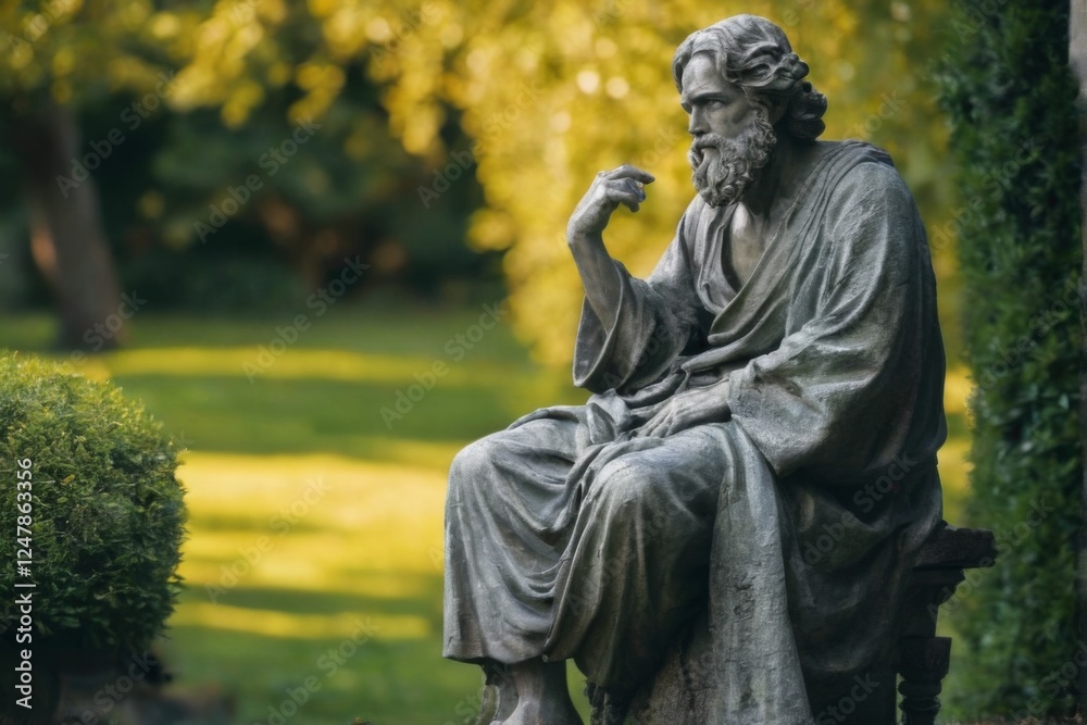 Fototapeta premium Sculpture of a contemplative man in a serene garden setting, made of stone with soft natural lighting.