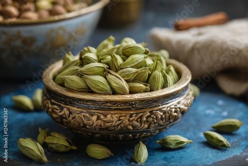 Rustic green cardamom pods in a goldrimmed bowl on a blue plate with floral patterns, on a kitchen countertop. photo