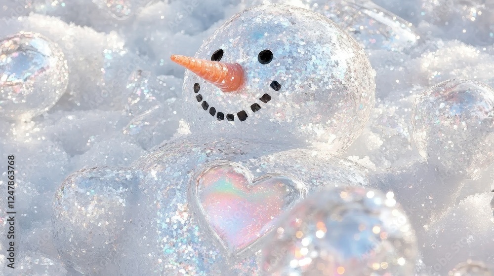 Obraz premium A whimsical snowman made of sparkly materials, surrounded by glittering decorative orbs in a frosty setting.