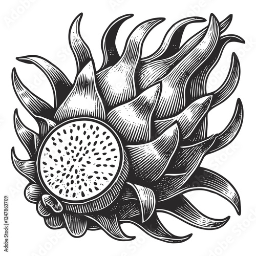 engraving drawing of a Dragon fruit