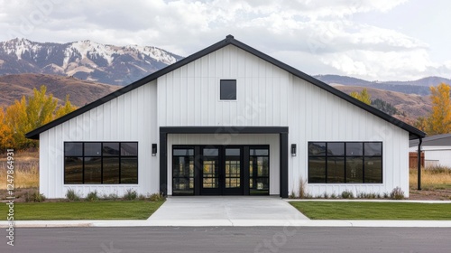 Wallpaper Mural Modern White Building with Large Windows and Mountain Background Torontodigital.ca