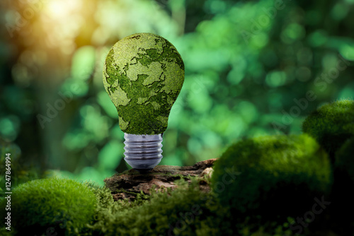 Green Business Sustainable Innovation and Green technology concept. A light bulb on green mos. photo