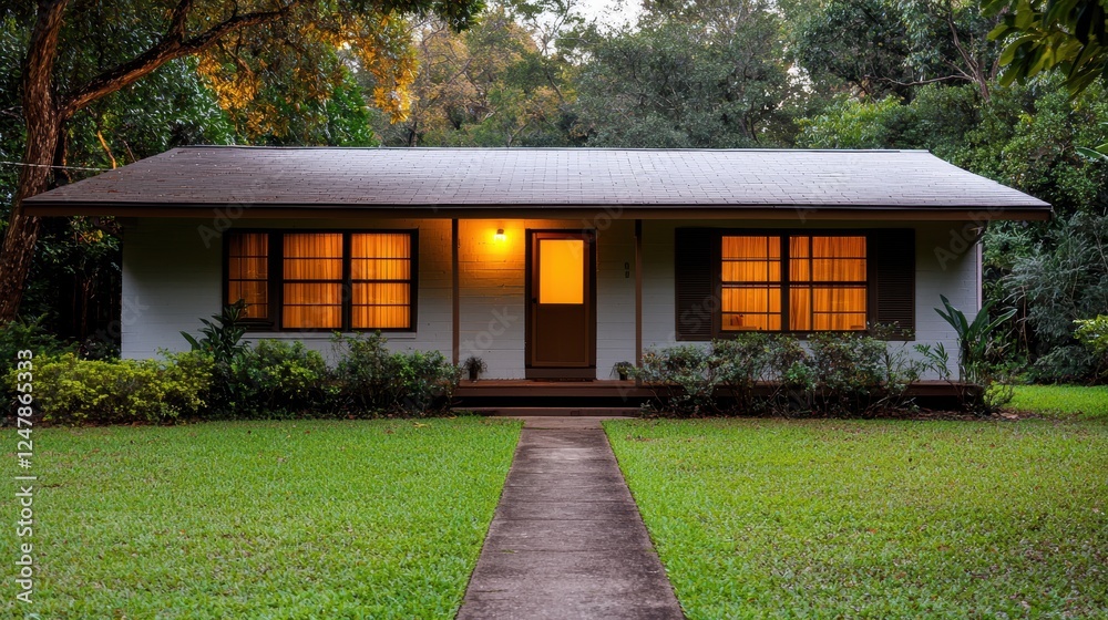 Naklejka premium Cozy Suburban House Surrounded by Lush Green Landscape at Dusk