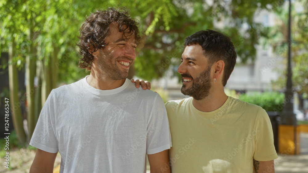 Two men smiling together outdoors in a city park, showcasing a warm brotherly relationship and friendship in an urban setting Two men smiling together outdoors in a city park, showcasing a warm brotherly relationship and friendship in an urban setting