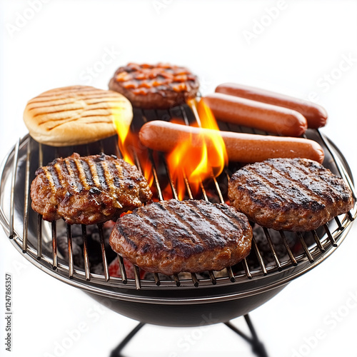burgers and hotdogs on the grill during a sunny afternoon
