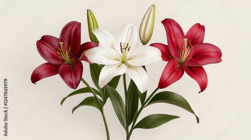 Fototapeta premium Elegant Red and White Lilies Close up