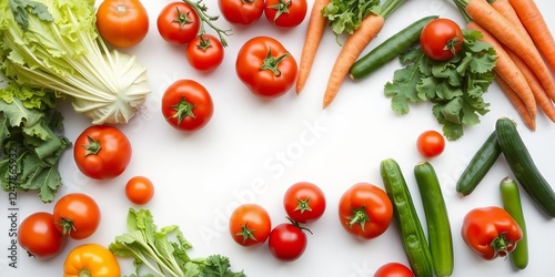 Various vegetables including tomatoes, carrots, peppers, cucumbers, and lettuce arranged on a clean white background, white background, collection, tomatoes