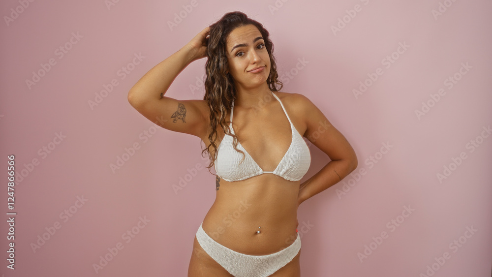 Obraz premium Beautiful young hispanic woman in bikini posing over isolated pink background with a confused expression