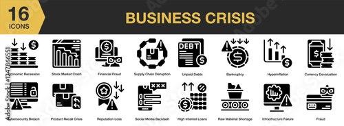 Business Crisis solid icon set. Includes economic, analysis, recession, money, report, and More. Solid icons vector collection.