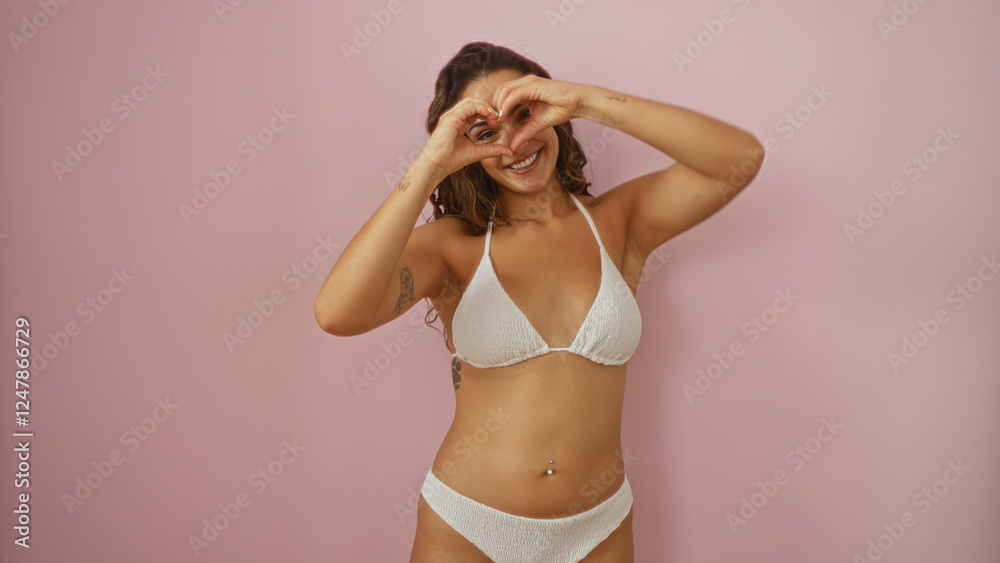 Obraz premium Young woman in a bikini making a heart shape with her hands over a pink background