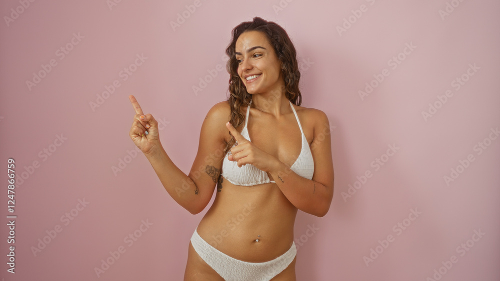 Naklejka premium Young, attractive, hispanic woman in a white bikini pointing sideways against a pink background, showcasing beauty and confidence with a smile