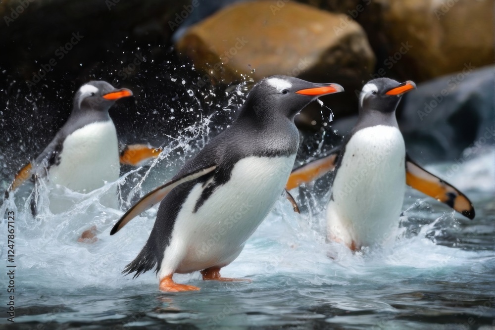 Obraz premium Gentoo Penguins in Motion with Wings Spread Wide, About to Take Flight, Splashing Water and Blurred Outdoor Background