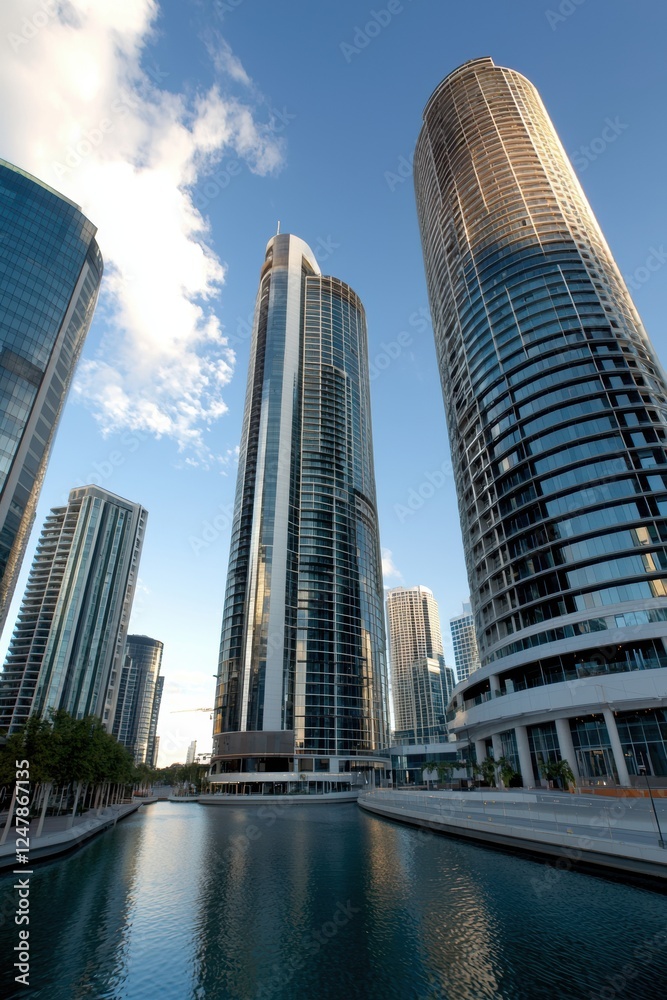 Obraz premium Skyscrapers Reflected in Calm Water Under Blue Sky Daylight
