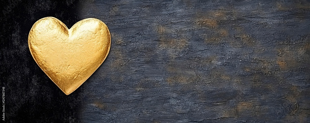 Fototapeta premium Gold Heart Decoration on Dark Textured Background for Love Themes