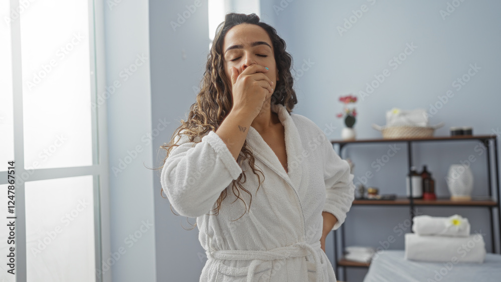 Woman yawning in a spa room while wearing a white robe, surrounded by a serene interior, showcasing relaxation in a wellness center. Woman yawning in a spa room while wearing a white robe, surrounded by a serene interior, showcasing relaxation in a wellness center.