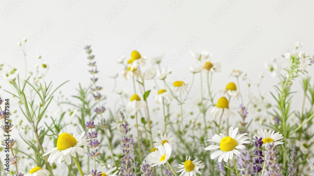 Fototapeta premium Close-up of aromatic herbs like lavender and chamomile sharply focused against a white backdrop