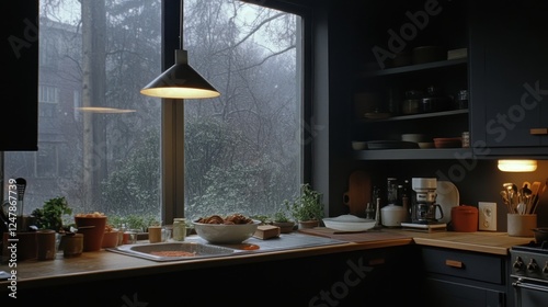 A cozy kitchen scene with dark cabinetry, natural light filtering through a window, and a serene view of a rainy outdoor landscape.