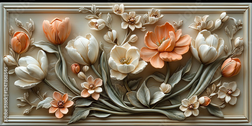 Sculpted floral relief 3d panel with detailed flowers and leaves, elegant style. For home decor, art blogs, vintage themes, or decorative design.