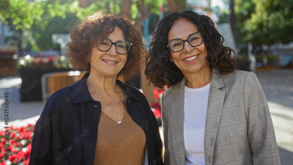 Women smiling together in urban park setting, showcasing friendship and joy among mature hispanic friends outdoors on a sunny day in the city. Women smiling together in urban park setting, showcasing friendship and joy among mature hispanic friends outdoors on a sunny day in the city.