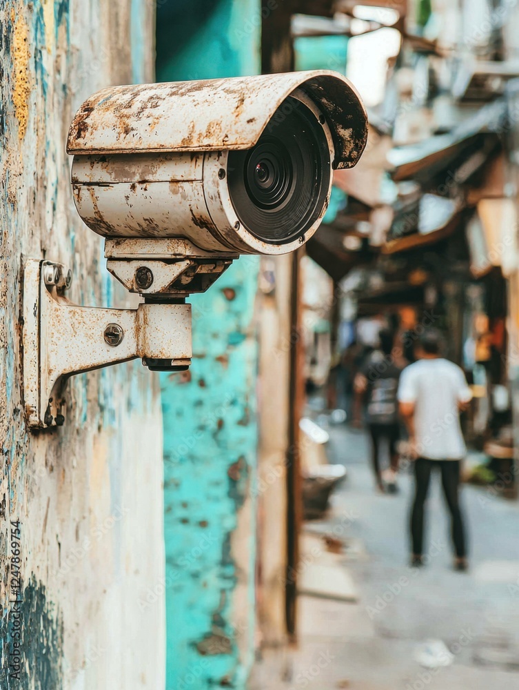 A rusty security camera overlooks a narrow street, highlighting urban life and surveillance in a vibrant, worn neighborhood. A rusty security camera overlooks a narrow street, highlighting urban life and surveillance in a vibrant, worn neighborhood.