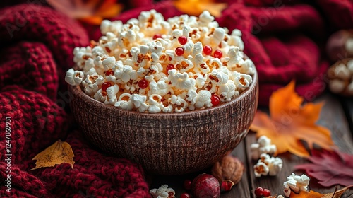 Cozy vertical autumn scene featuring popcorn, cinematic elements, and fall decorations, perfect for a movie night atmosphere combining seasonal and entertainment vibes.