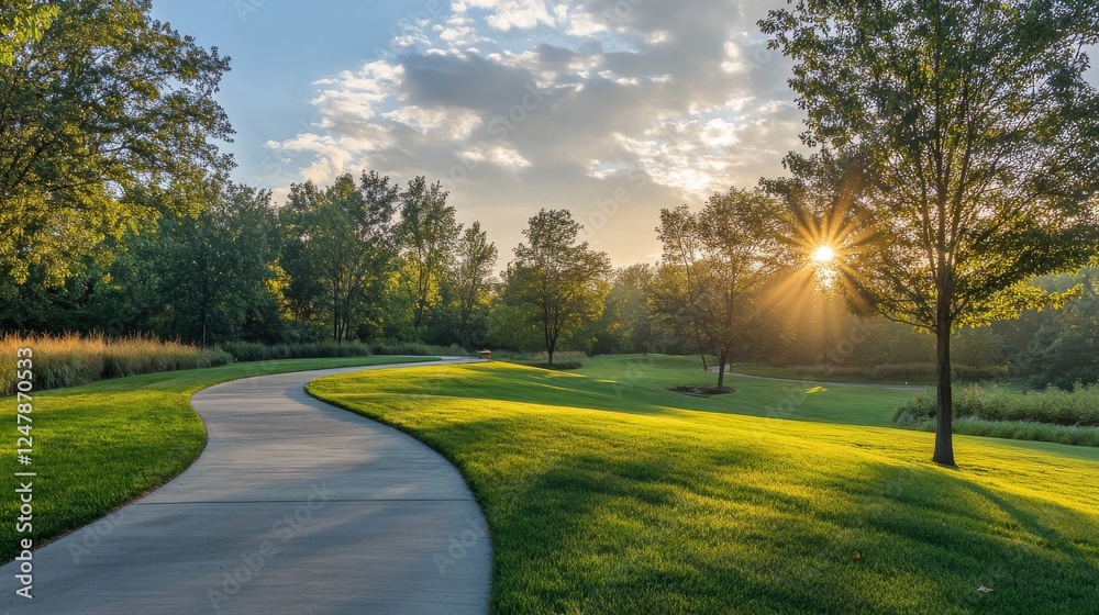 Morning park scene, well-maintained grass area, smooth paved path, sun rays through trees, vibrant green foliage, peaceful dawn lighting, landscape photography Morning park scene, well-maintained grass area, smooth paved path, sun rays through trees, vibrant green foliage, peaceful dawn lighting, landscape photography