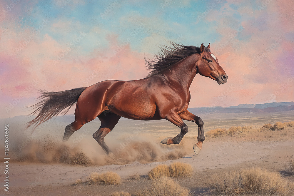 Fototapeta A majestic brown horse galloping across the desert, with its mane flowing in the wind and tail splashing dust under its hooves.