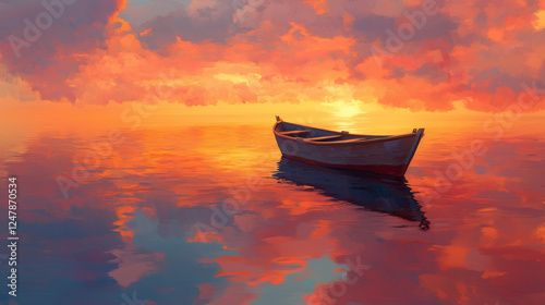 A small, traditional boat on calm water, reflecting the vibrant colors of a distant sunset.