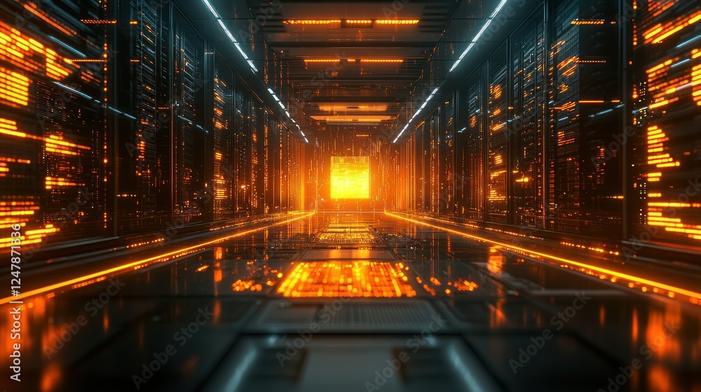 Futuristic server room corridor, glowing data streams, technology background, digital infrastructure Futuristic server room corridor, glowing data streams, technology background, digital infrastructure
