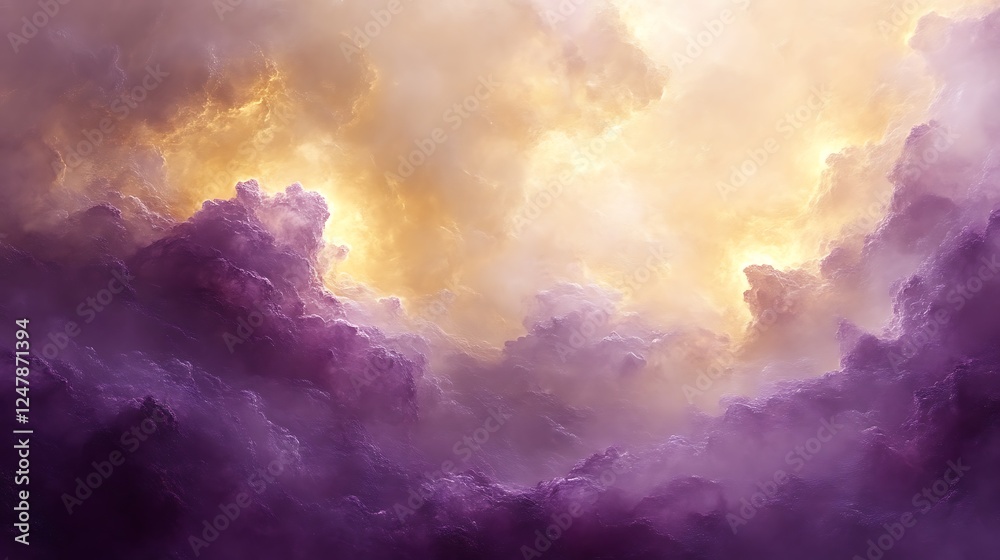 Naklejka premium Golden Light Illuminates Purple and Violet Cloudscape