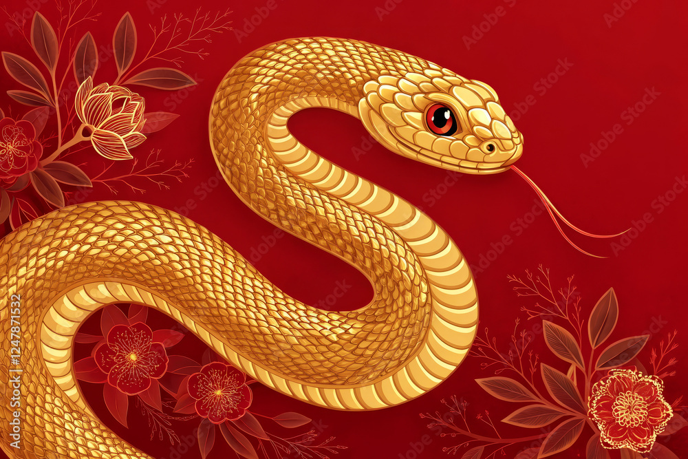 Fototapeta premium Golden Snake on Red Background with Floral Elements and Detailed Scales Art Design