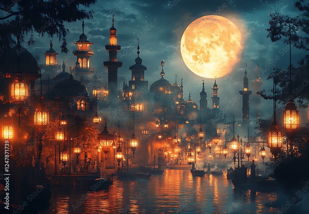 Mystical Cityscape at Night with Glowing Lanterns and a Full Moon
Mystical Cityscape at Night with Glowing Lanterns and a Full Moon