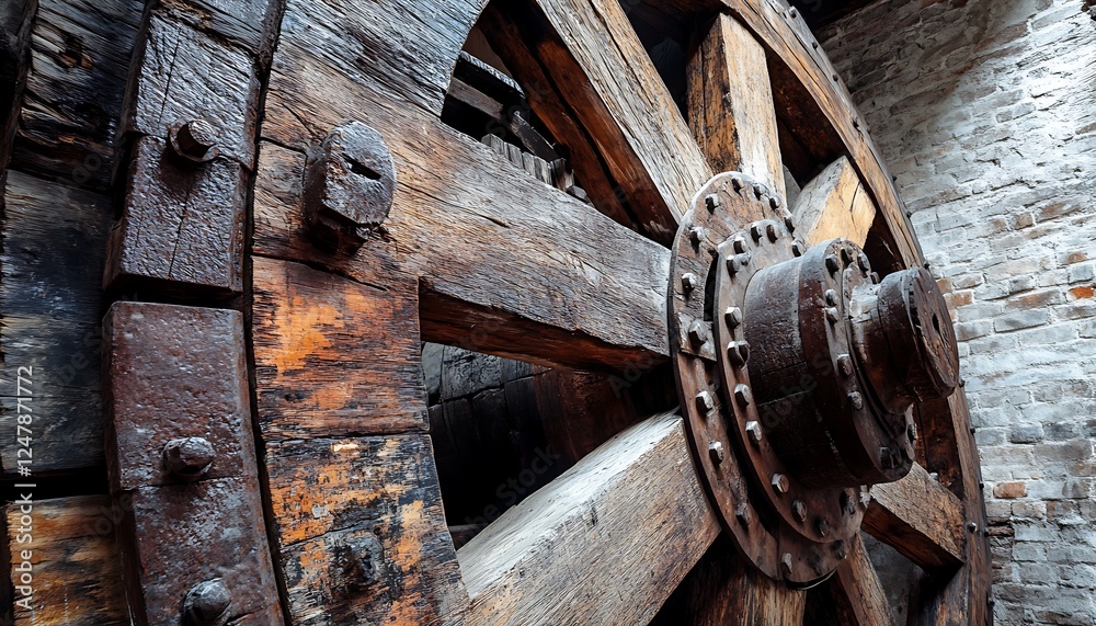 Ancient wooden wheel, historic building interior Ancient wooden wheel, historic building interior
