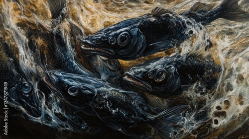 Captivating Shoal of Fish Navigating Turbulent Waters in Detailed Painting