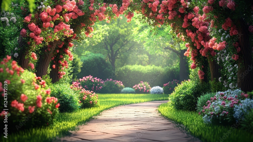 Fototapeta premium A serene, sunlit garden pathway surrounded by vibrant pink flowers and lush greenery, inviting tranquility and nature's beauty.