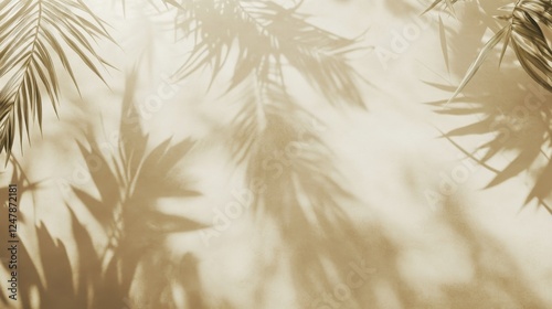 Tropical sand background, ethereal palm shadows, organic light patterns, beige neutral palette, serene beach aesthetic, mindful minimal design, nature inspired composition, top perspective