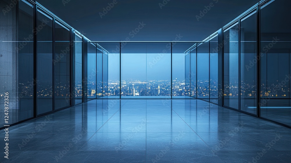 Fototapeta premium Modern empty office with city view at night.