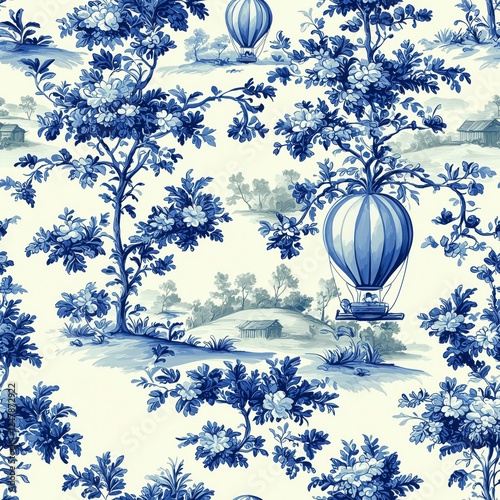 Elegant blue and white Toile de Jouy seamless pattern featuring vintage hot air balloons floating over a scenic countryside landscape, classic French-inspired decorative design with floral details. photo