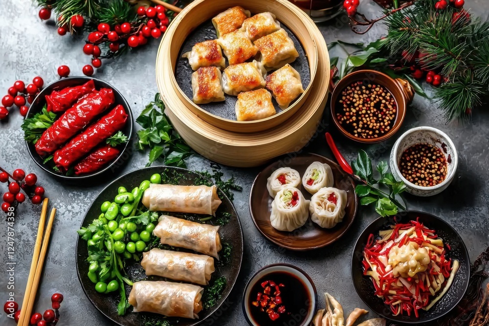 Festive celebration of chinese cuisine a bountiful spread of new year dishes in an elegant setting captured from a bird's eye view Festive celebration of chinese cuisine a bountiful spread of new year dishes in an elegant setting captured from a bird's eye view
