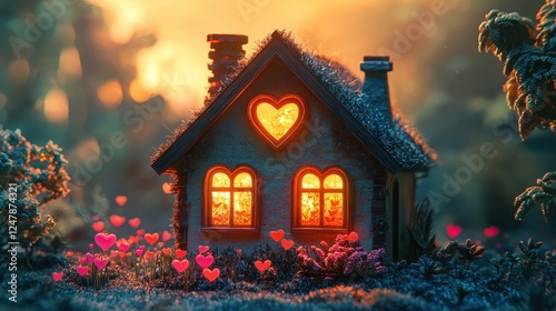 A charming, whimsical cottage with heart-shaped windows, glowing warmly amidst vibrant flowers, creating a fairy-tale atmosphere. photo