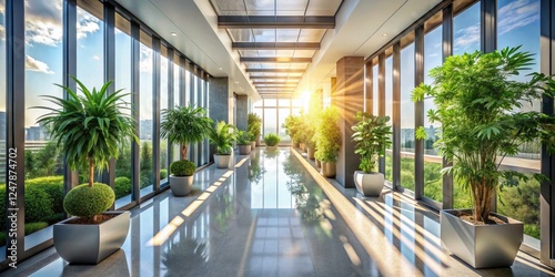 Drone View Modern Hallway  Sunlight  Plants  Large Windows  Architecture Photography